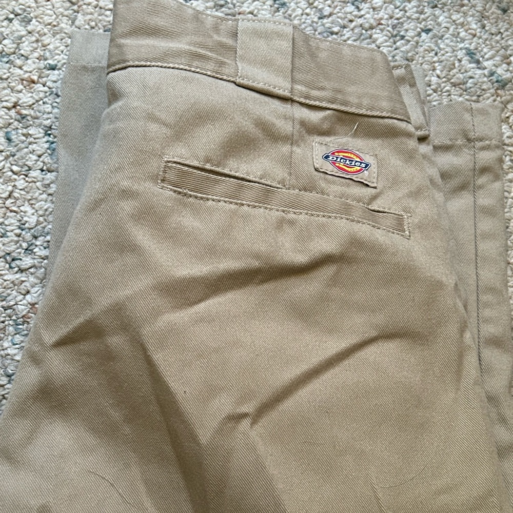 Same size as blue ones. Waist is 30. Old school dickies